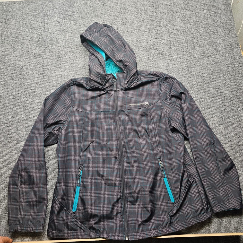 Free Country Womens 1X Plaid Softshell Jacket Faux Fur Lined Hooded Grey Teal